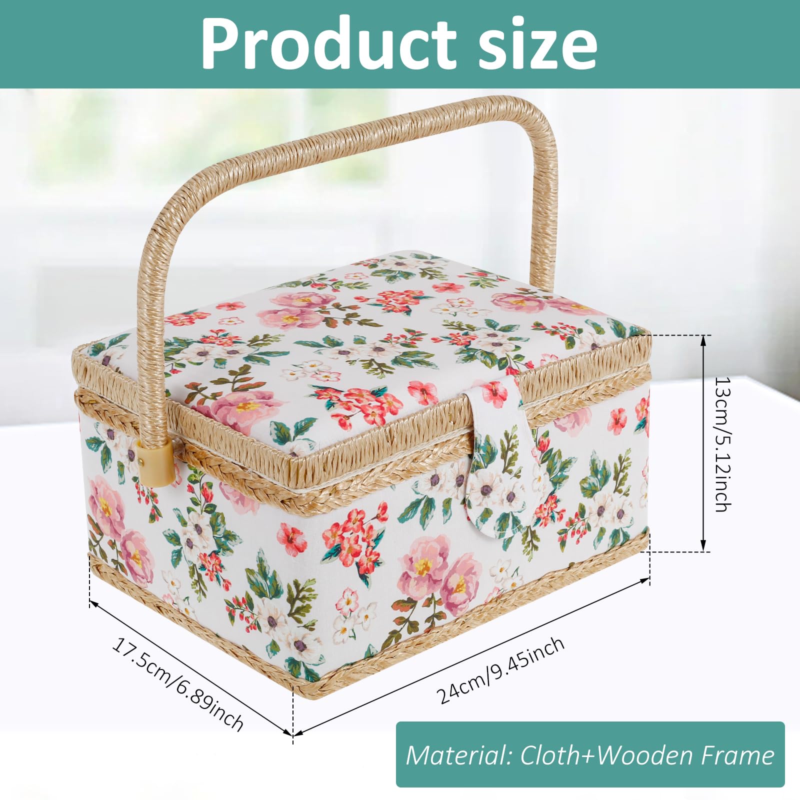FALESOUL Sewing Basket with Accessories, Sewing Kit Storage Box with Removable Tray, Built-In Pin Cushion and Interior Pocket, Large Sewing Supplies for Sewing Mending, Beginner, Professional (Flower)