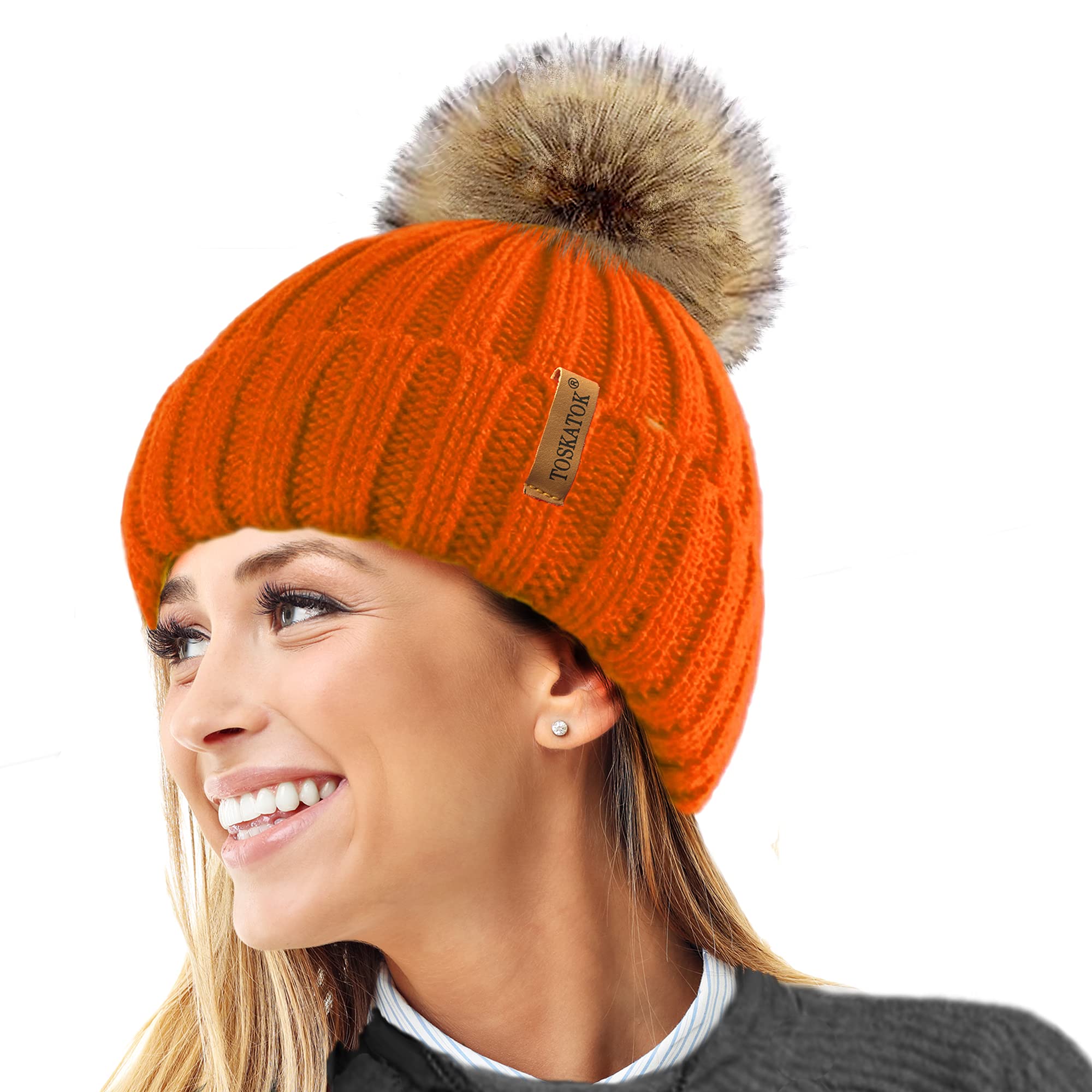 Toskatok Women's Orange Toskatok® Warm Winter Hat Woolly Knitted Beanie With Detachable Chunky Faux Fur Bobble Pom Pom
