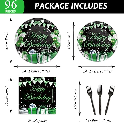 Miniatura 16 de Juego de vajilla para fiesta de cumpleaños de 96 piezas, color negro y dorado, platos y servilletas de fiesta negros, suministros de papel