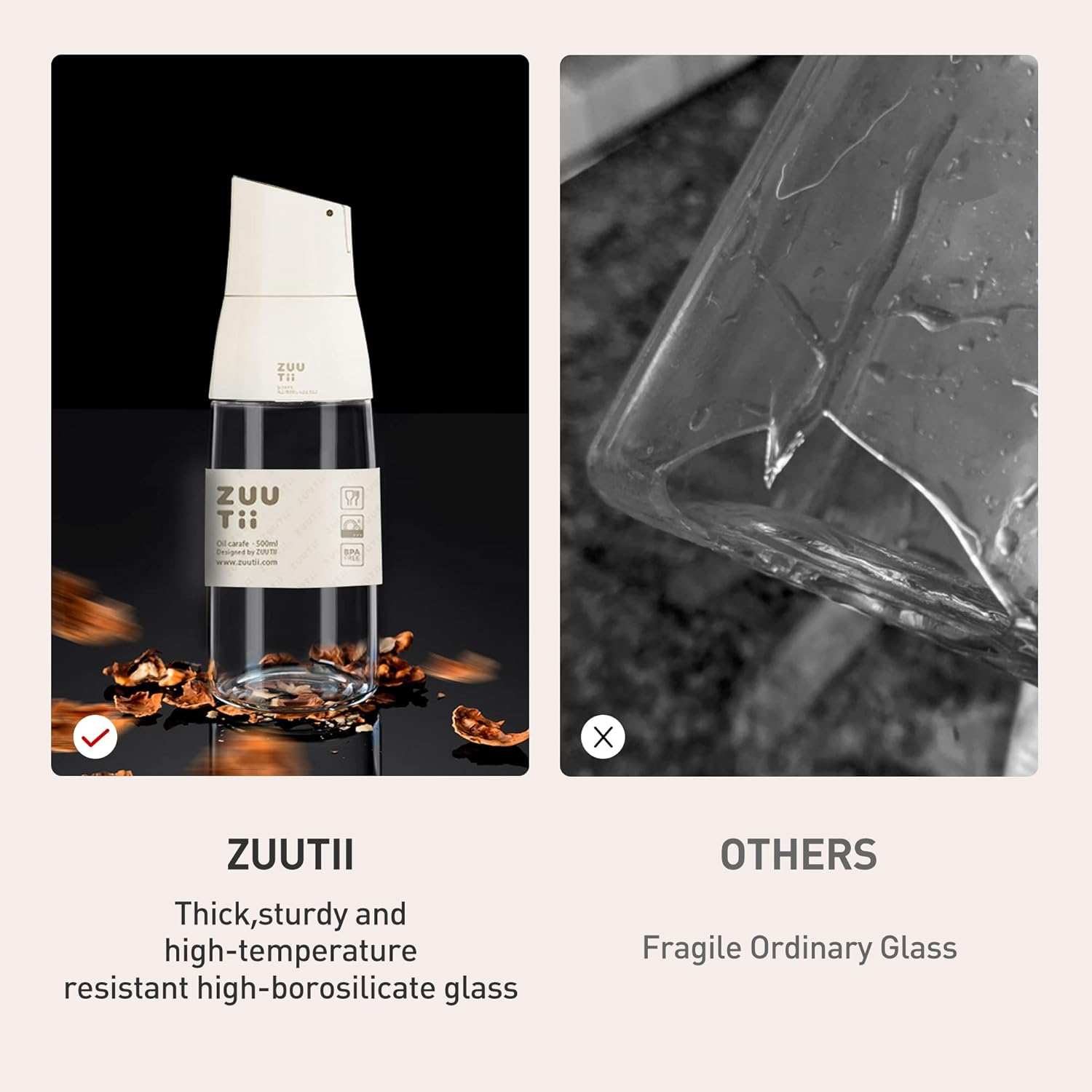 Zuutii Olive Oil Dispenser, Drip Free Spout Oil Container for Kitchen.Vinegar Dispenser, Glass Bottle for Cooking,500ML,Light Cream - Image 6