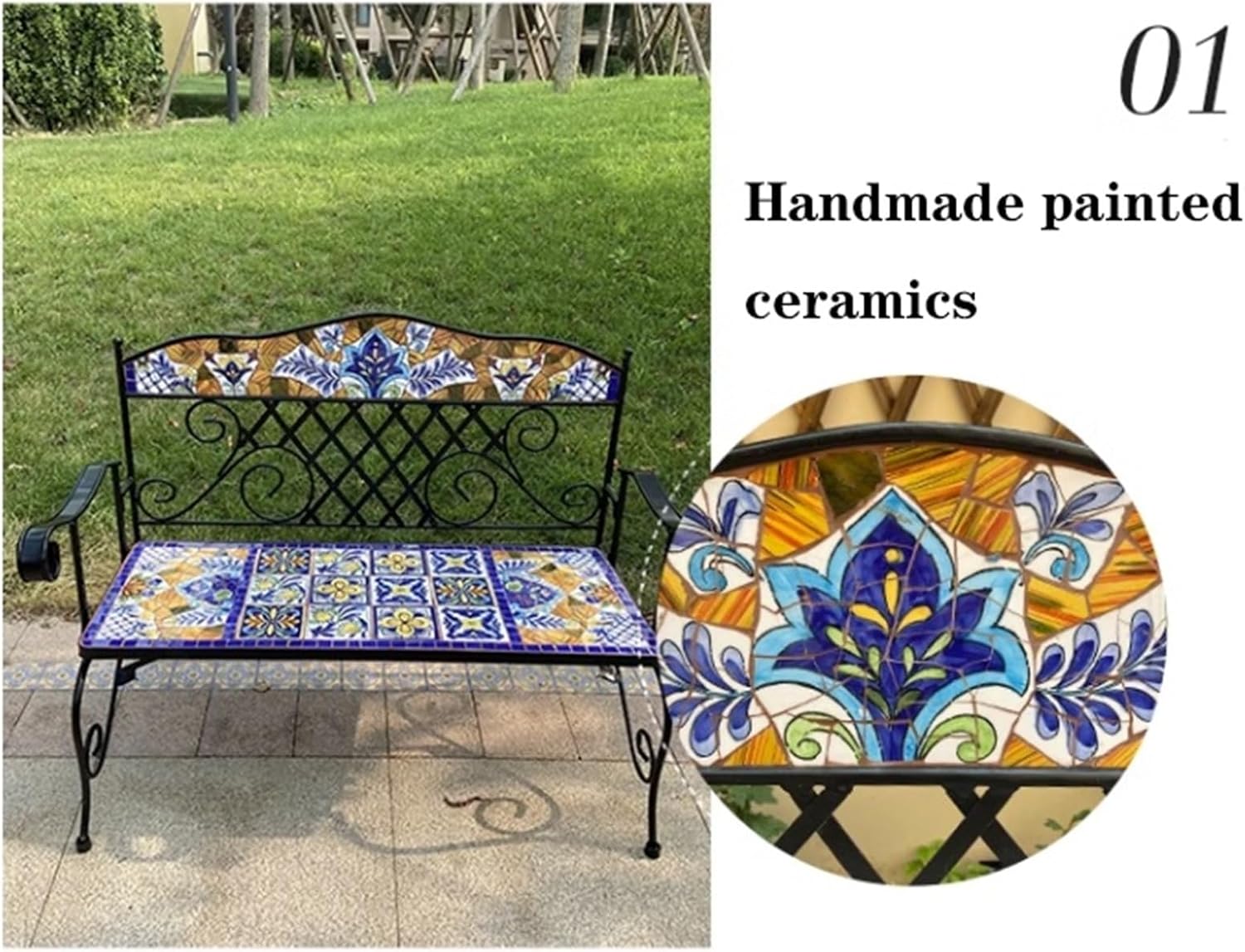 Outdoor Garden Bench Outdoor Bench, 41.3-inch Double Garden Leisure Bench, Metal Frame and Hand-Painted Ceramic Seats Park Bench