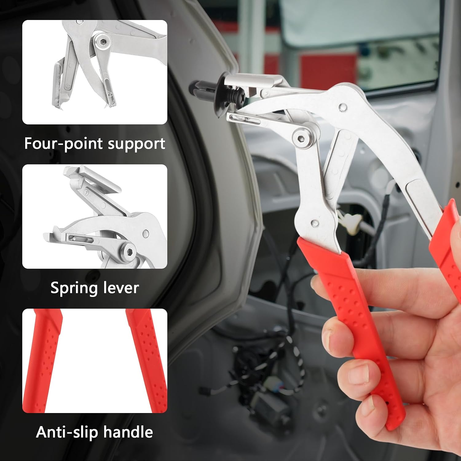 Car Clip Pliers Set, Spring-Loaded Disassembly Pliers for Door Panel, Dash, Bumper, Stainless Steel with Ergonomic Handle, Include 15 Retainer Clips (6mm, 7mm & 8mm)