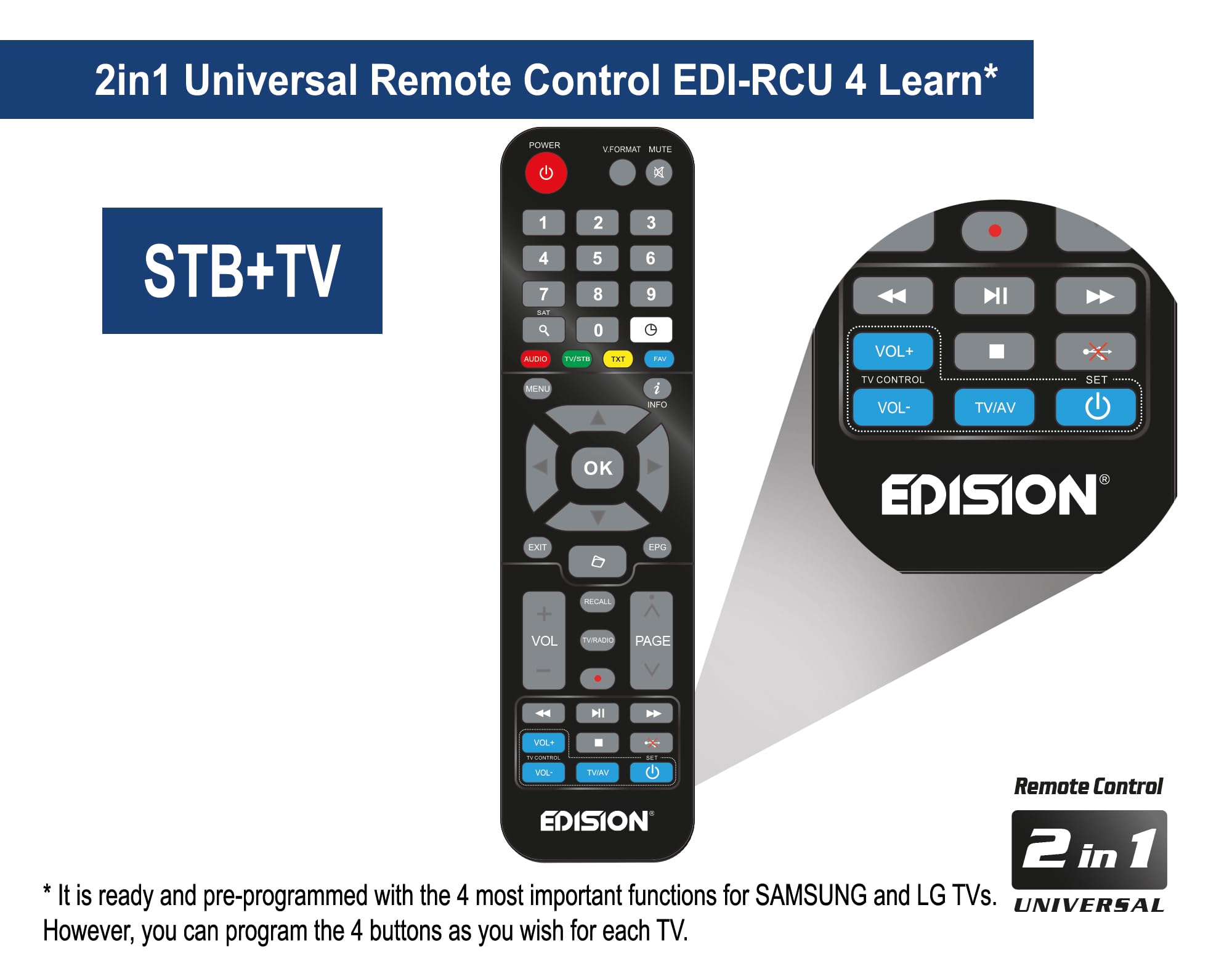 EDISION Picco T265 Pro HD Récepteur Terrestre TNT DVB-T2 et par Câble DVB-C H.265/HEVC FTA, PVR, USB, HDMI, SCART, S/PDIF, Capteur IR, Prend en Charge USB WiFi, IR Télécommande Universelle 2en1