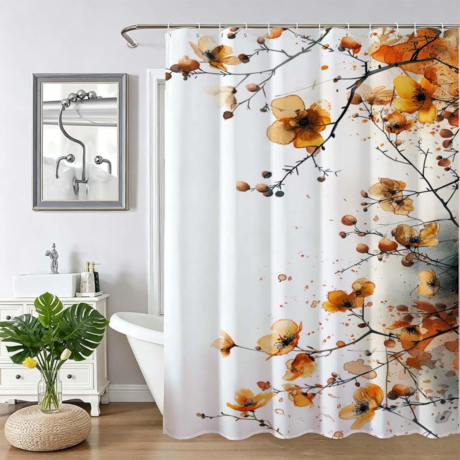Tenda Doccia in Poliestere arancia,Tende per Doccia Extra Lunga 240x200cm,fiore Tenda Vasca da Bagno Tessuto Lavabile,Impermeabile e Facile da Pulire,con 12 Ganci,Decorazione per Bagno,Hotel Z-442