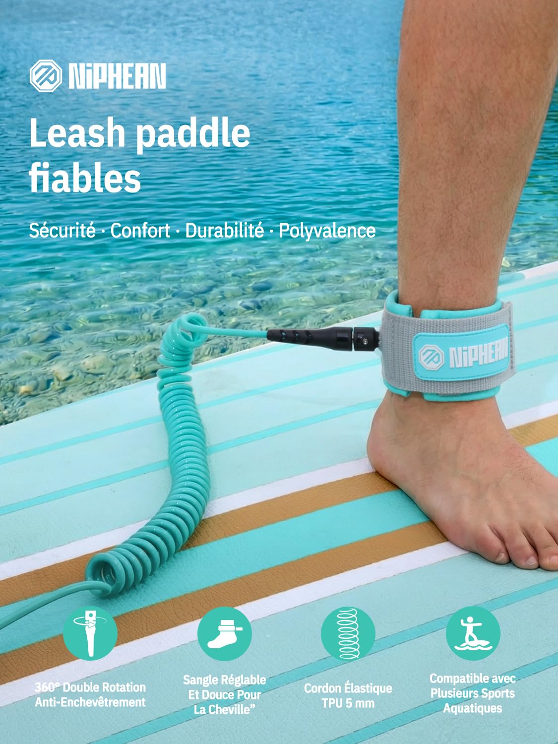 niphean Leash Paddle 1–3m, Leash Surf Élastique en Spirale 5mm, Leash Bodyboard Résistant avec Embout, Anti-Enchevêtrement, Confortable&Réglable pour Sup, Surf, Bodyboard, Boogie