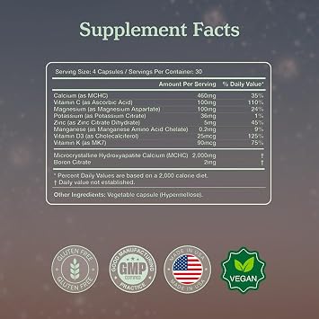 More. Longevity & Wellbeing Premium Calcium Supplement - Bone Strength Supplements with Magnesium, Vitamin D3 + K2 & Zinc for Bone Health Support - 4 Capsule Daily - Easy to Swallow - 120 Capsules