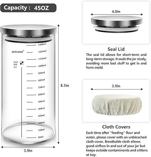Miniatura 3 de Artcome Kit de tarro de inicio de masa madre con 2 frascos de vidrio, kit de tarro de inicio de masa madre profesional de 45 onzas, recipiente