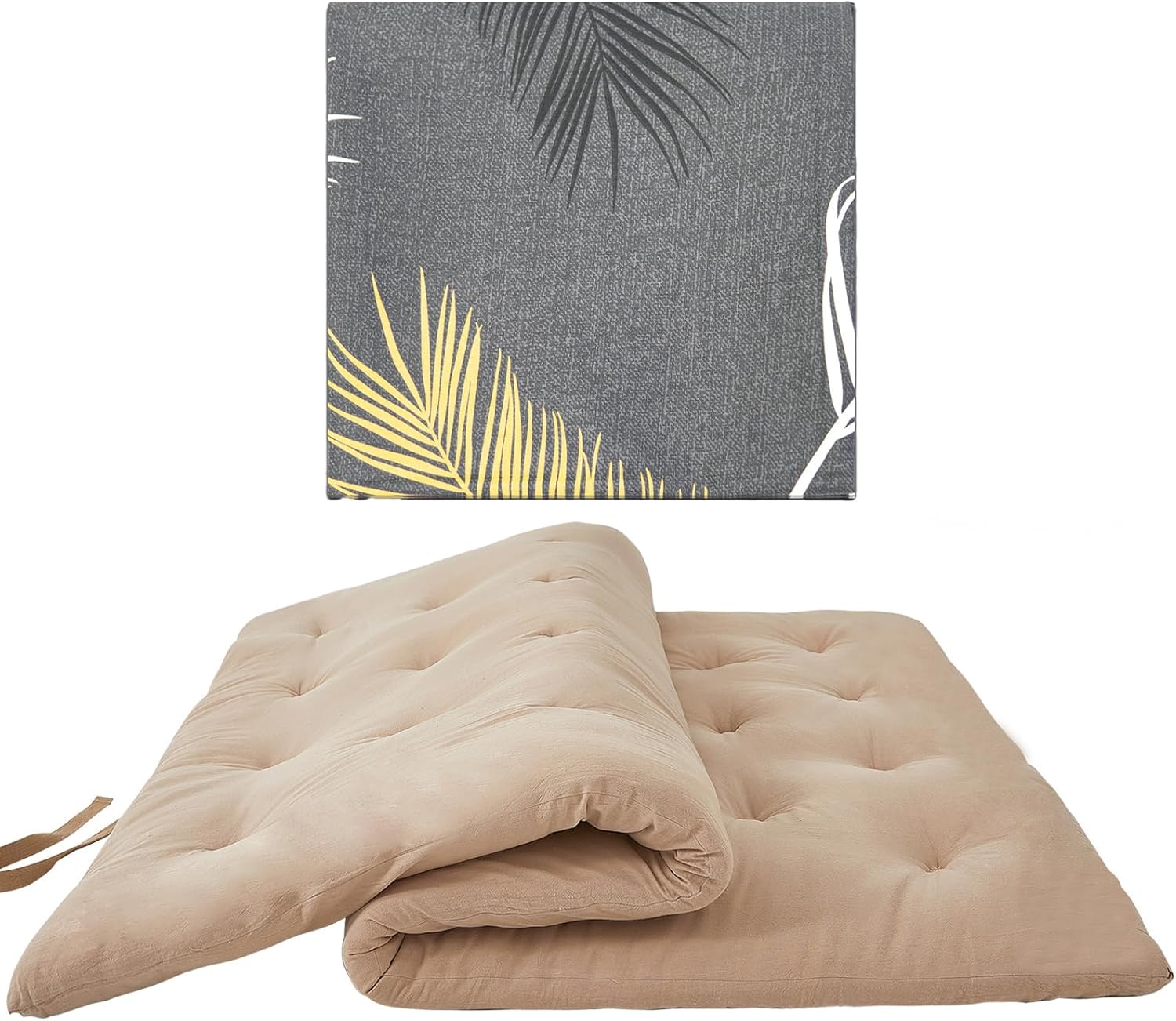 ZonLi Japanese Floor Futon Mattress Queen Size 60"x 80"(Khaki),with Futon Mattress Cover 64'' x 84'' Queen Size(Tropic Leaves)