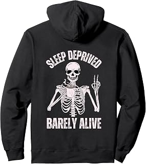 Retro Sleep Deprived Barely Alive Funny Skeleton Halloween Pullover Hoodie