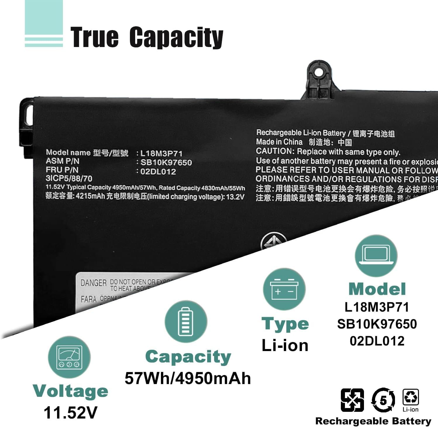 L18M3P71 L18L3P71 L18S3P71 Laptop Battery Replacement for Lenovo ThinkPad T590 P53S T15 P15s 1st Gen Series SB10K97650 02DL012 SB10K97649 02DL011 5B10W13913 5B10W13914 11.52V 57Wh