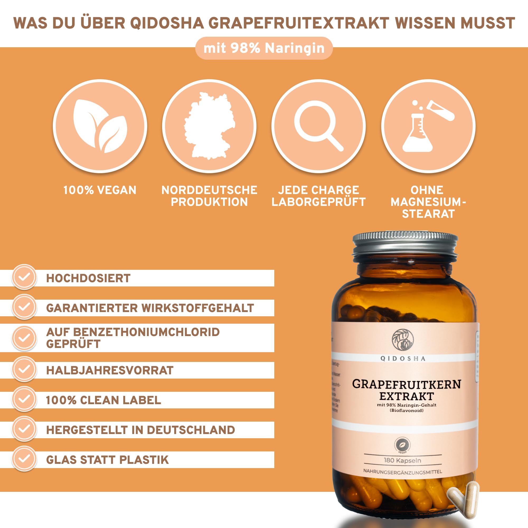 QIDOSHA® Grapefruitkern-Extrakt mit 98% Naringin, 350mg reines Naringin je Kapsel, 180 Kapseln im Apotheker-Glas, jede Charge laborgeprüft, deutsche Fertigung