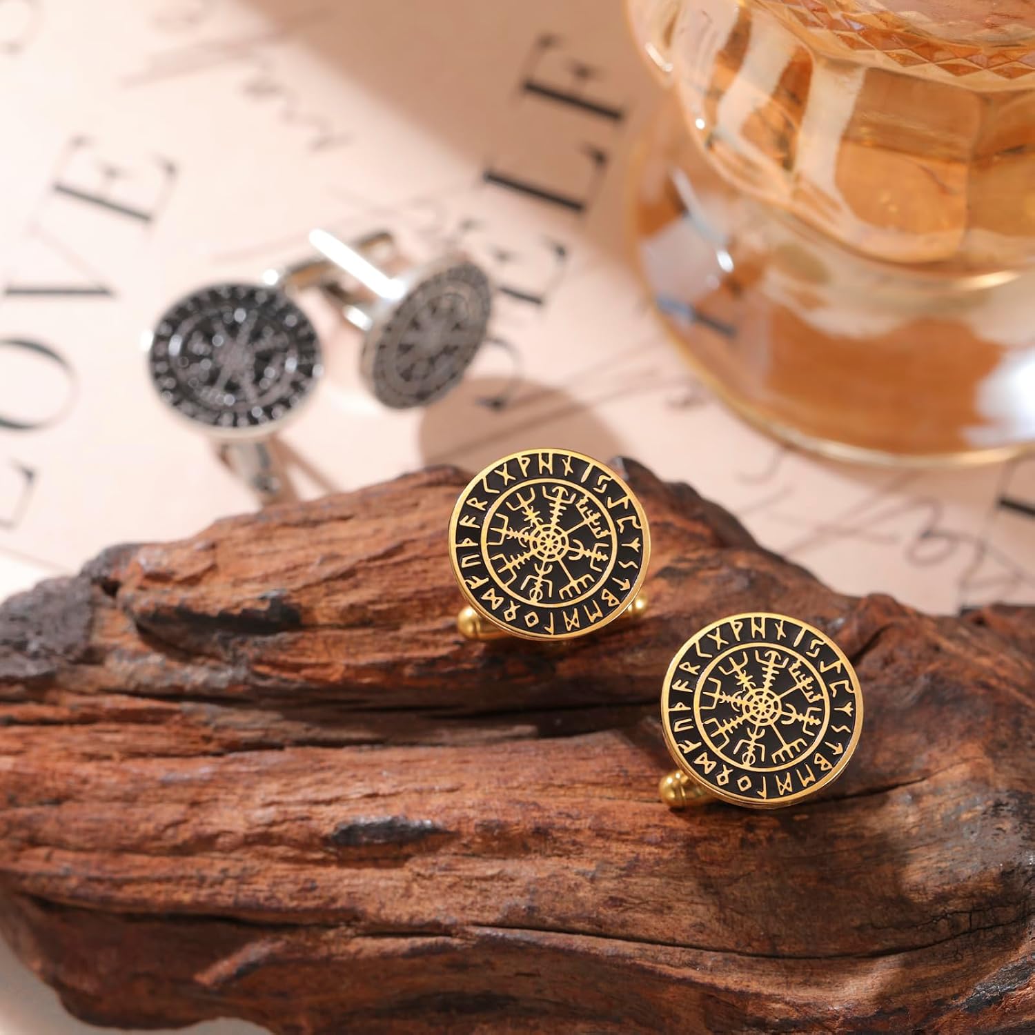 Dreamtimes Viking Runes Mythical Norse Vegvisir Cufflinks Stainless Steel Viking Compass Cuff Links Classic Engraved Viking Jewelry for Men Wedding Groom Gifts