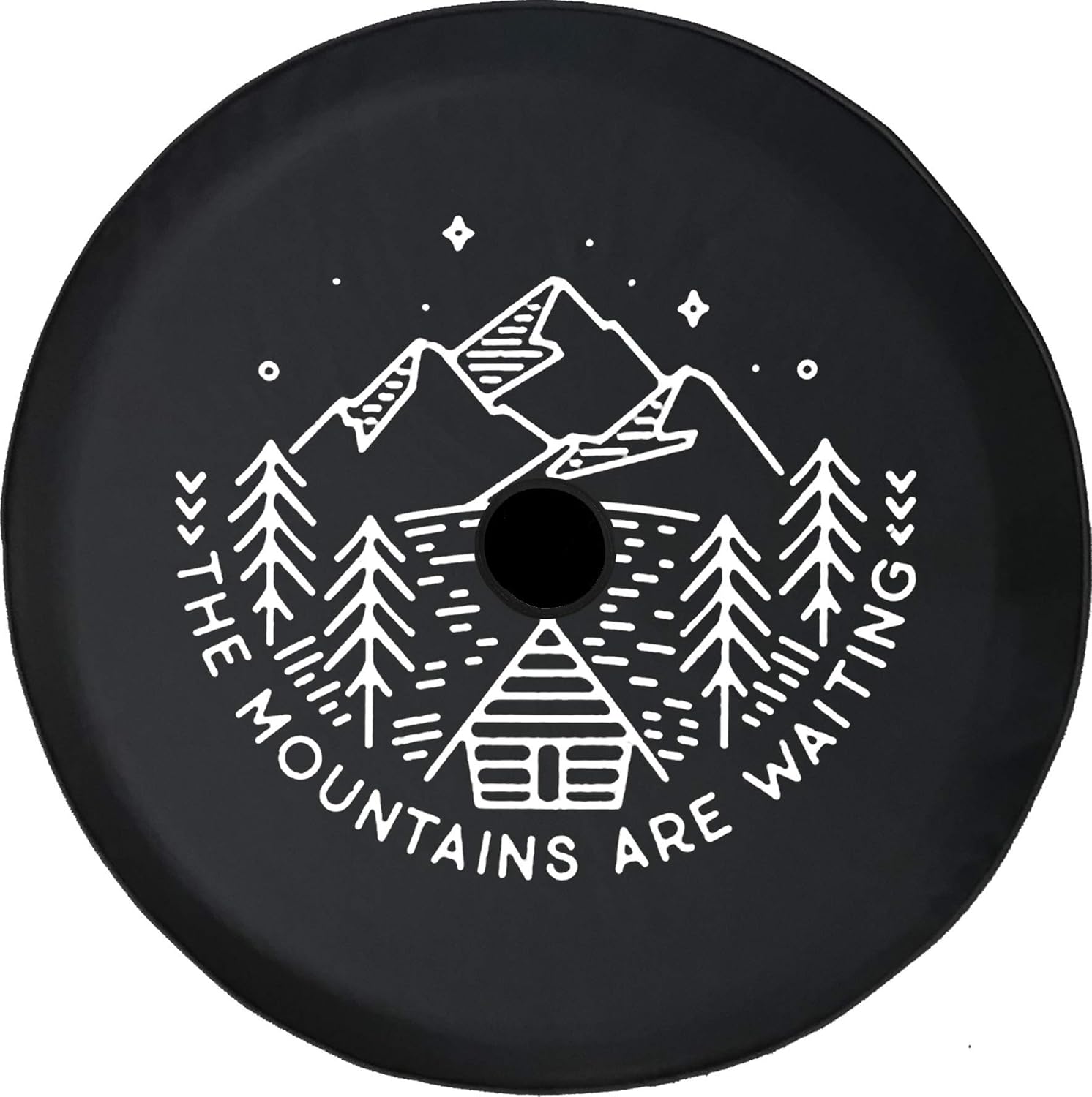 JL Series Spare Tire Cover with Backup Camera Hole The Mountains are Waiting Cabin Pine Trees Lake Black 33 in