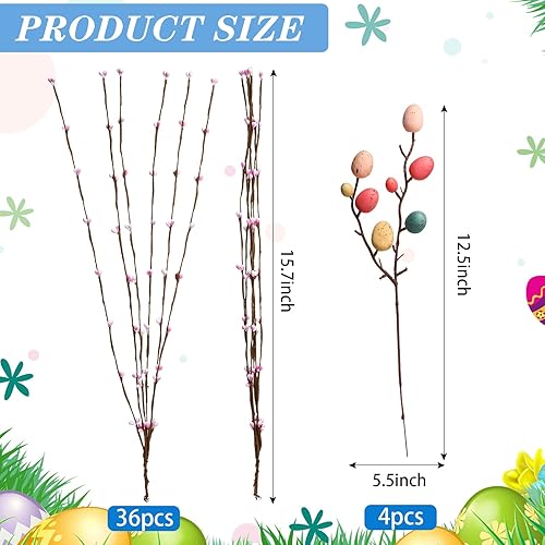 Miniatura 3 de 40 piezas de vid artificial de Pascua con huevos de Pascua pastel y bayas, tallos florales decorativos de primavera, palillos florales de Pascua,