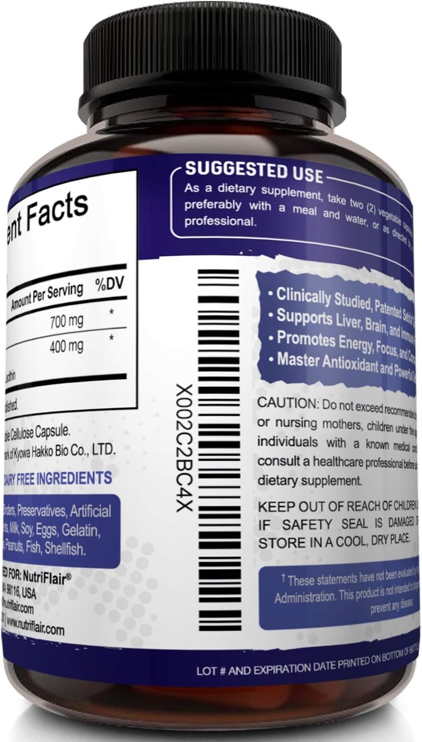 NutriFlair Liposomal Glutathione Setria® 700mg - Pure Reduced, Stable, Active Form L Glutathione reductase (GSH), Enhanced Absorption - Non GMO Antioxidant, Detox, Cardiovascular, Brain, Immune Health : Health & Household