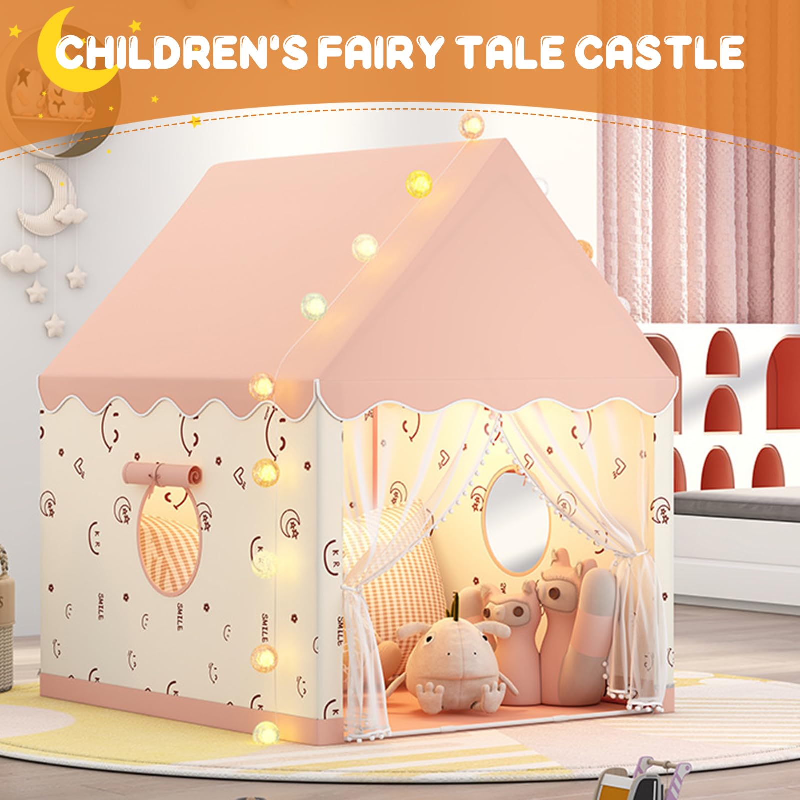 Tente Enfant Intérieur/extérieur - Château Maison Avec Boules Lumineuses, Tapis Papillon, Pour Garçons Et Filles, Facile à Monter