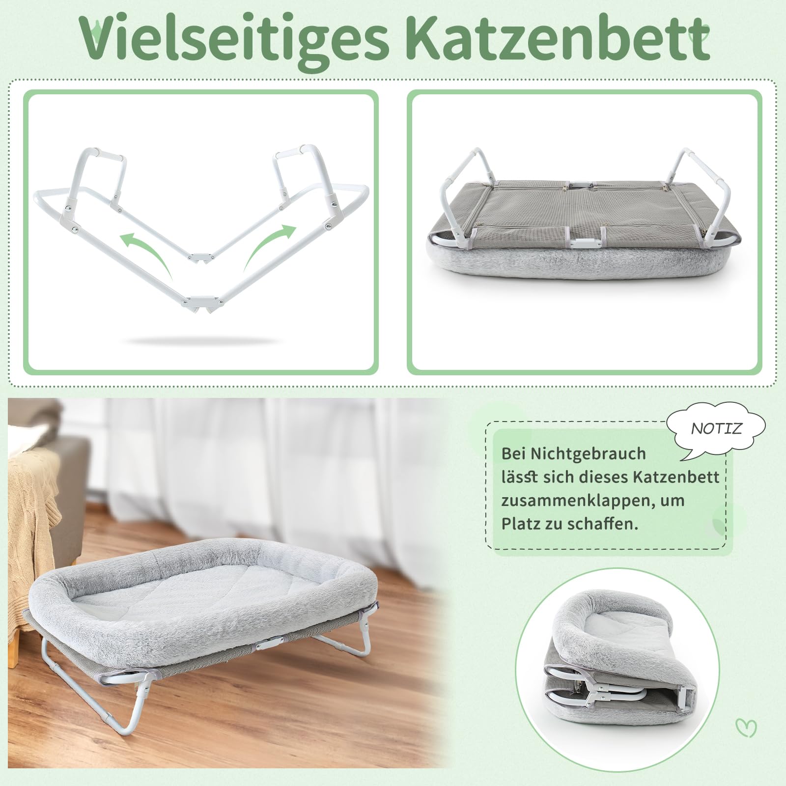 GUUSII HOME Erhöhtes Katzenbett Katzenhängematte Große Freistehende Katzen Bett Hundebett für Kleine Hunde Haustier Katzensofa mit Metallstützrahmen Katzenliege Couch 64X40X19cm（Grau）