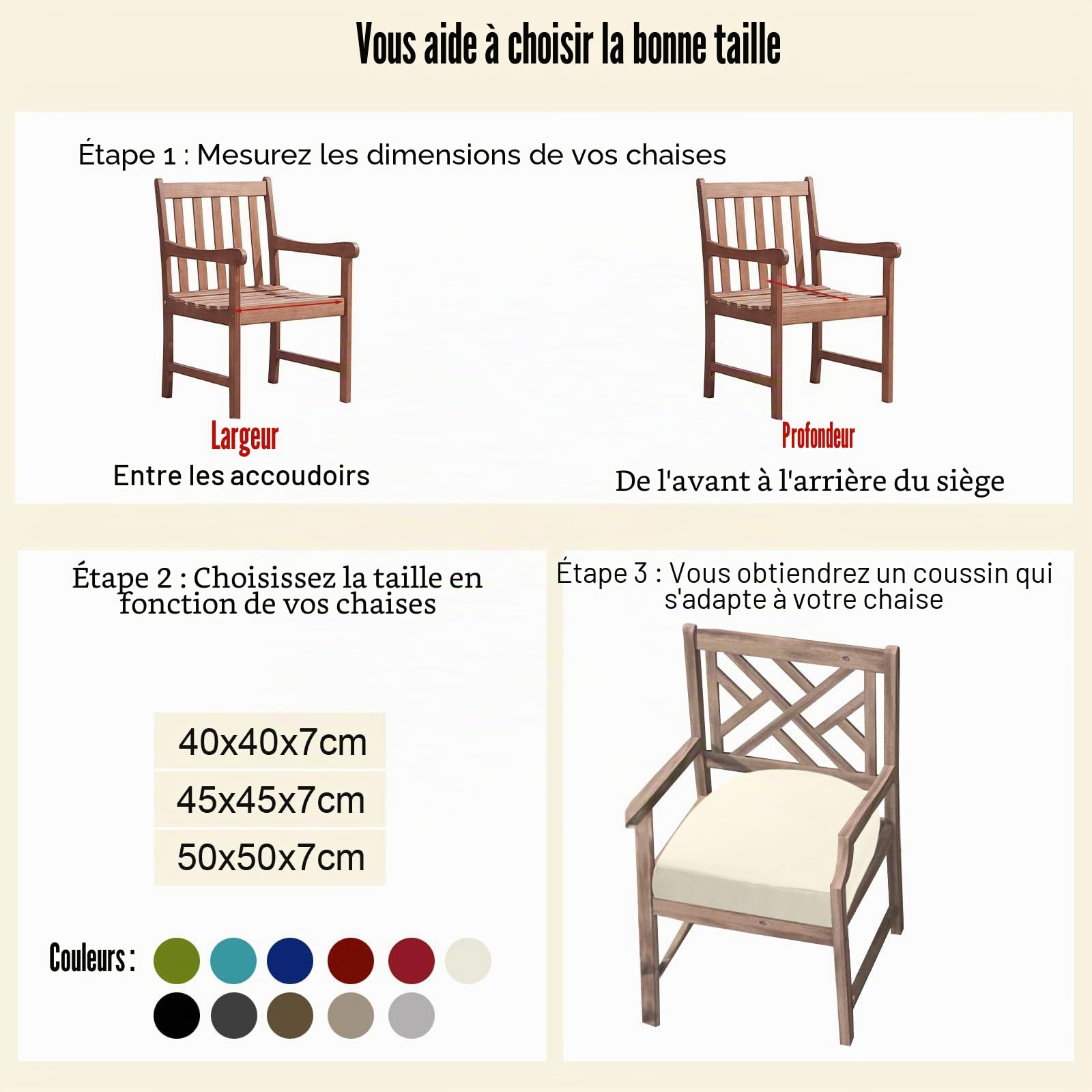 Ensemble de 2 coussins pour chaises de jardin extérieur, épais de 7 cm, coussins imperméables pour patio avec attaches, coussins de siège pour chaises de jardin, 45 x 45 cm, Beige