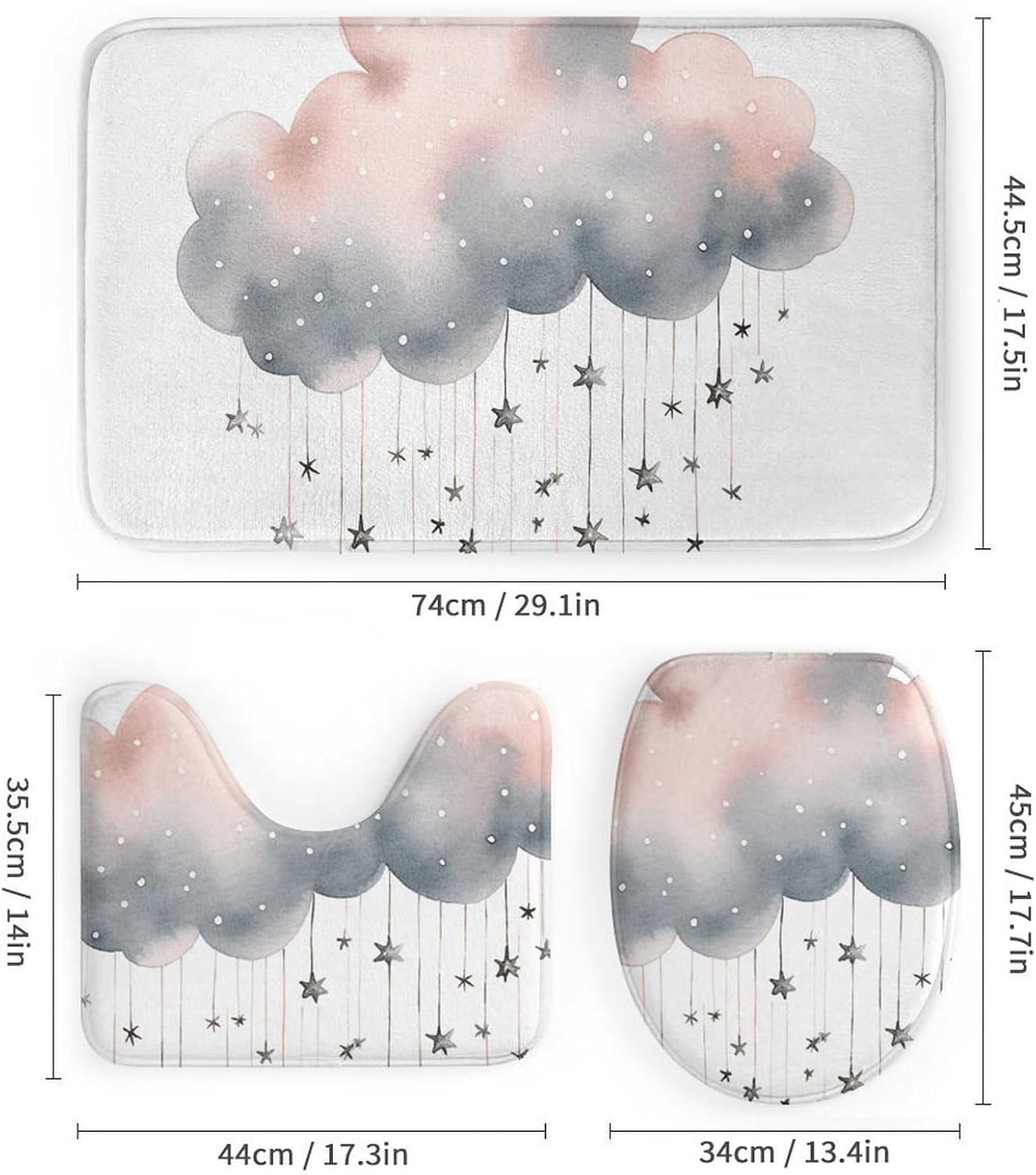 Stars and Clouds Shower Curtains Set 4 Piece with Non-Slip Rugs, Toilet Lid Cover and Bath Mat Soft Bathroom Carpet Waterproof Bathroom Curtain with 12 Hooks for Bathroom Decor