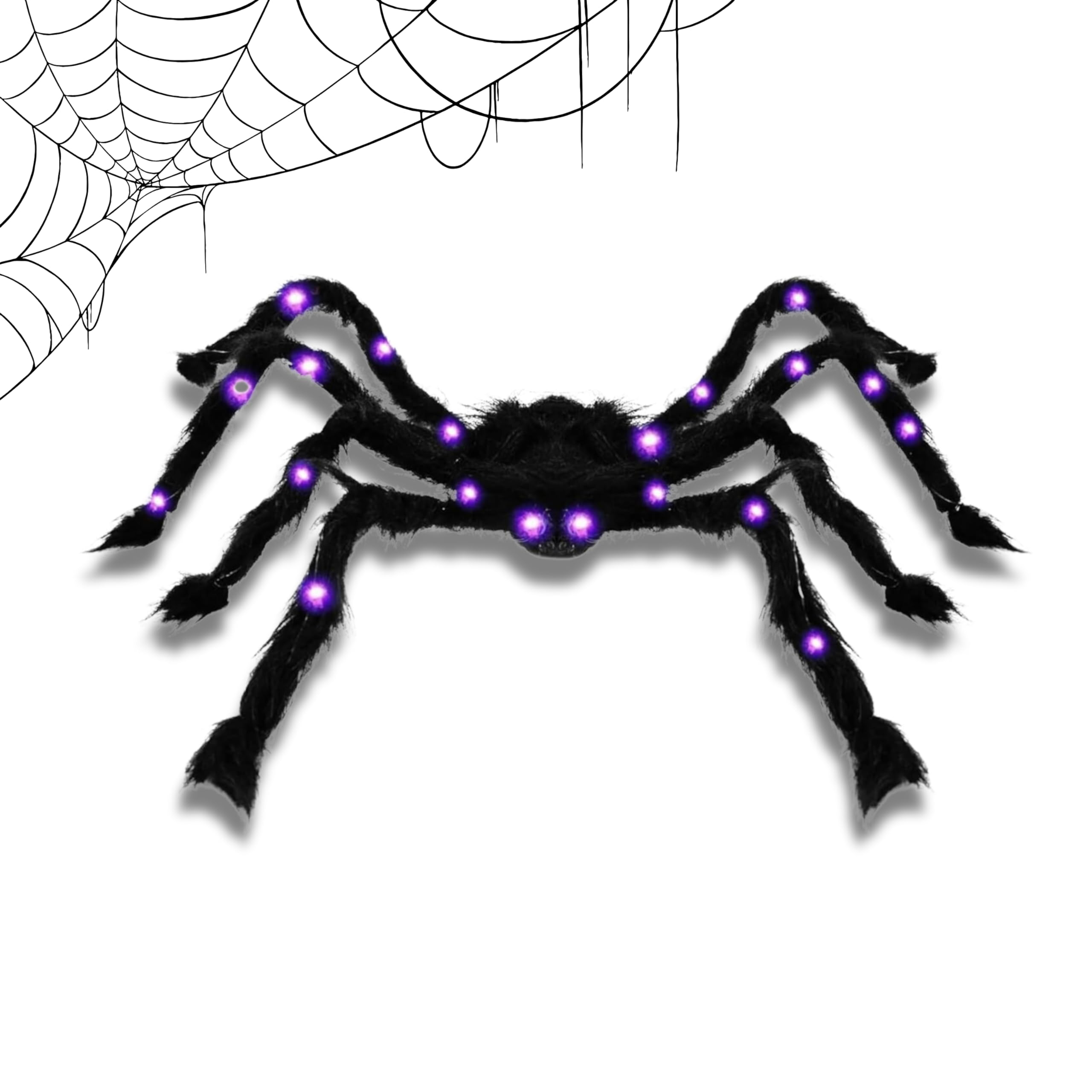 ADEPTNA Halloween Giant Spider Decoration – Hairy Realistic Spider with 30 Purple LED Light, 1m Lead Wire, Operated, Adjustable Legs – Indoor Outdoor Yard Haunted House Party Prop