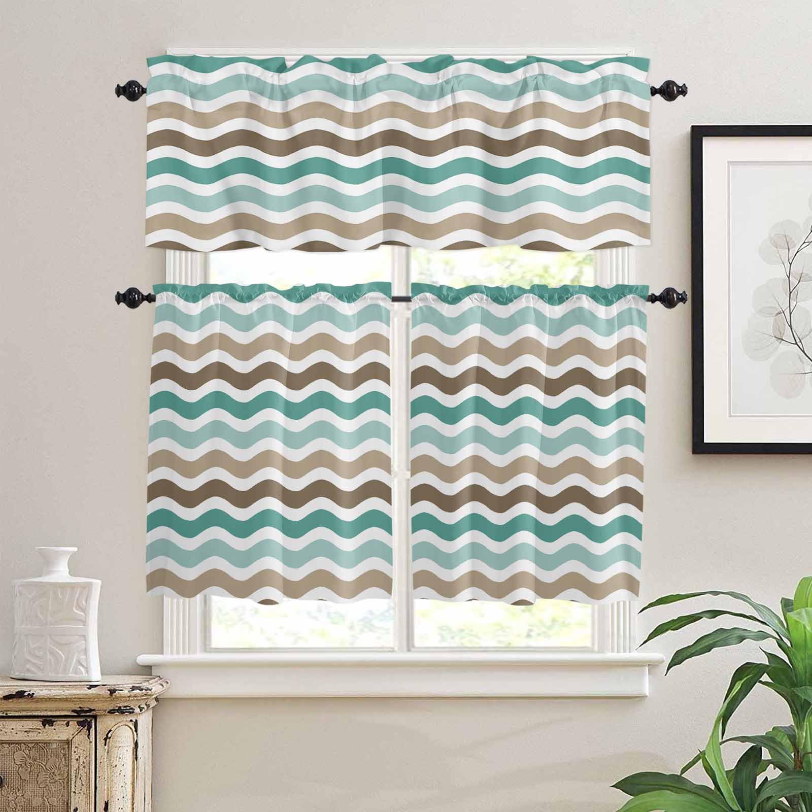 Teal Brown Ombre Kitchen Curtains 36 Inch Length,3 Piece Rod Pocket Small Half Tiers and Valance Set,Geometric Striped Water Ripple White Small Large Window Treatment Decor for Bedroom/Bathroom Sink
