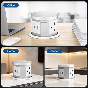 Pop Up Socket for Worktop, 4.33 Inch Automatic Hidden Power Socket with 15W Wireless Charger, 3 AC Sockets, USB-A & USB-C, for Kitchen, Office & Home (White)