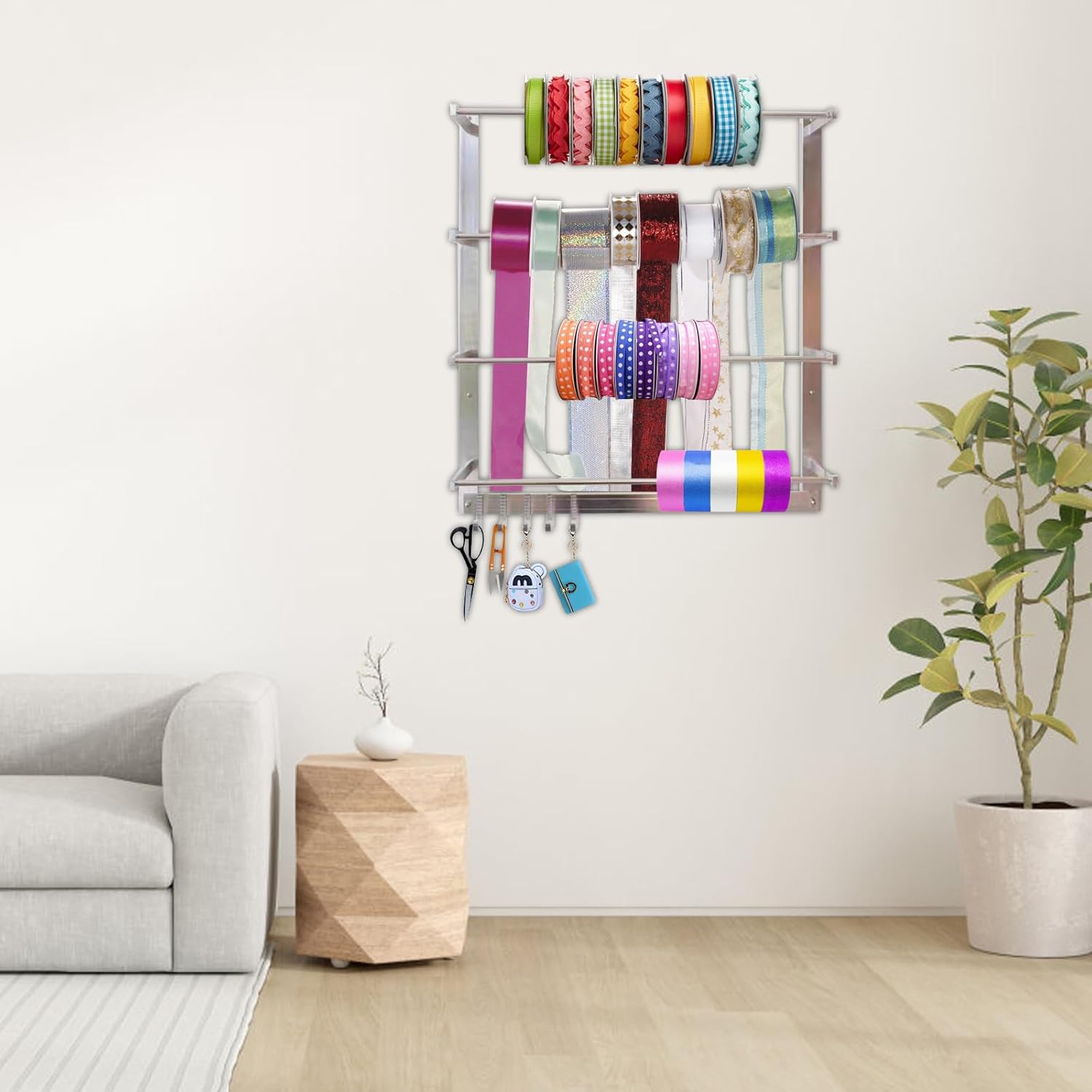 ribbon rack,ribbon holder organizer rack, Wall-Mount Display Rack with 5 Hooks, Organizer Ribbon Holder Spool Roll Scarf &Tie Towel Storage Rack