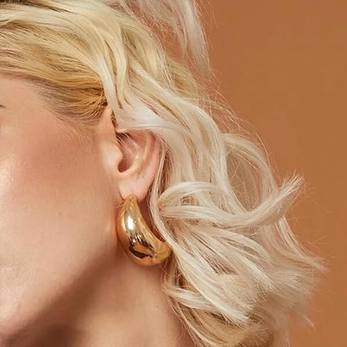 Miniatura 4 de PABBEU WaterDrop Earring Dupes-Chunky Gold Hoop Earrings Lightweight 14k Gold Hoop Earrings Hypoallergenic Gold Thick Hoop Earrings Open Big Chunky