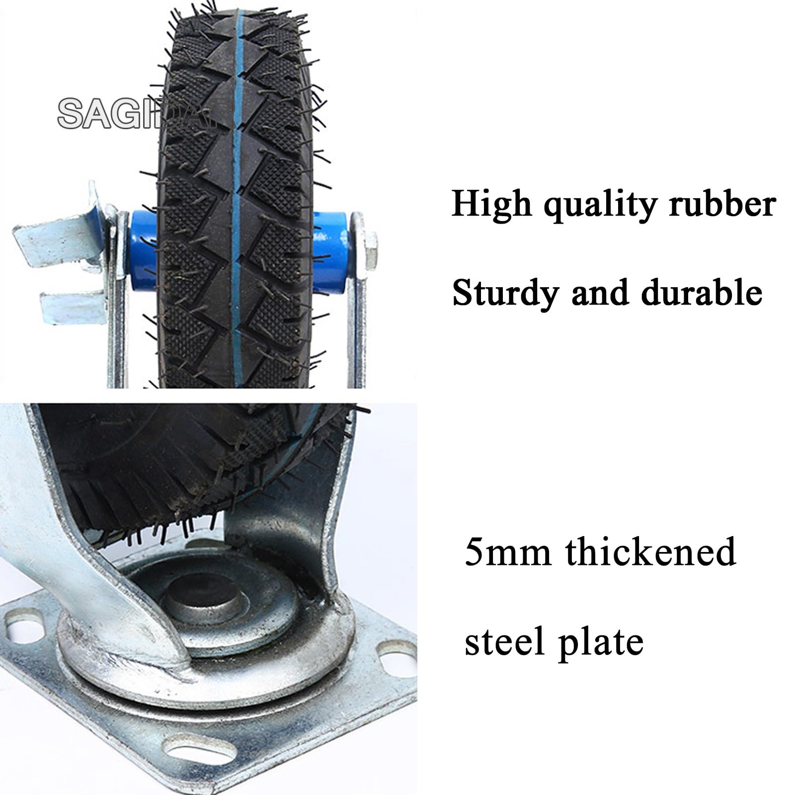 SAGIDAR Schwerlastrollen Industrie, Gummi Bockrolle 2 Stück, Luftreifen Gummi Lenkrolle Ø 20cm/25cm, Feststehend/Drehbar/Bremse, Tragkraft 200kg, rutschfest Und Verschleißfest, Gummi Ersatz Rollen