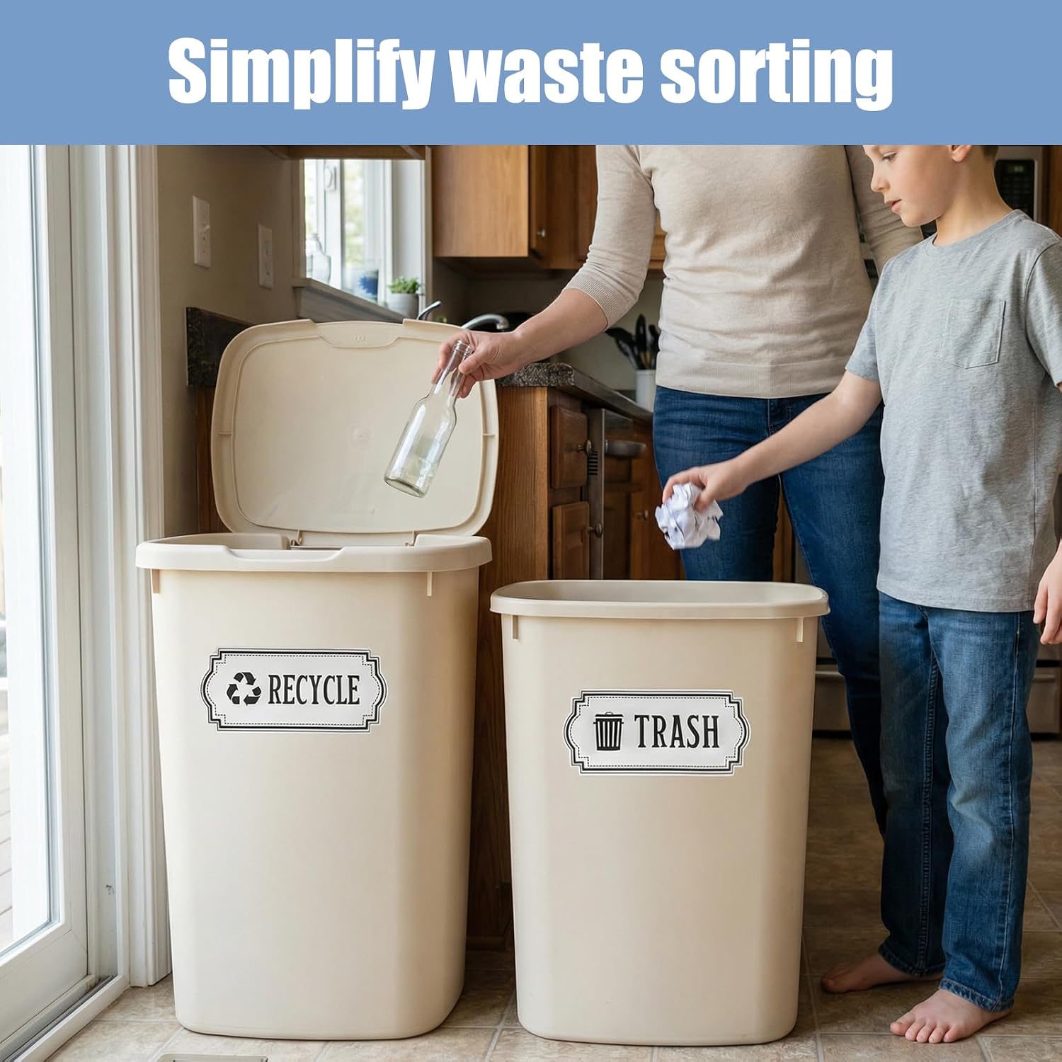 4 PCS Recycle and Trash Stickers, 4.72" X 2.2" Small Self-Adhesive Vinyl Recycling Bin Label Stickers for Indoor/Outdoor Trash Bins Home Kitchen Office Garbage Can