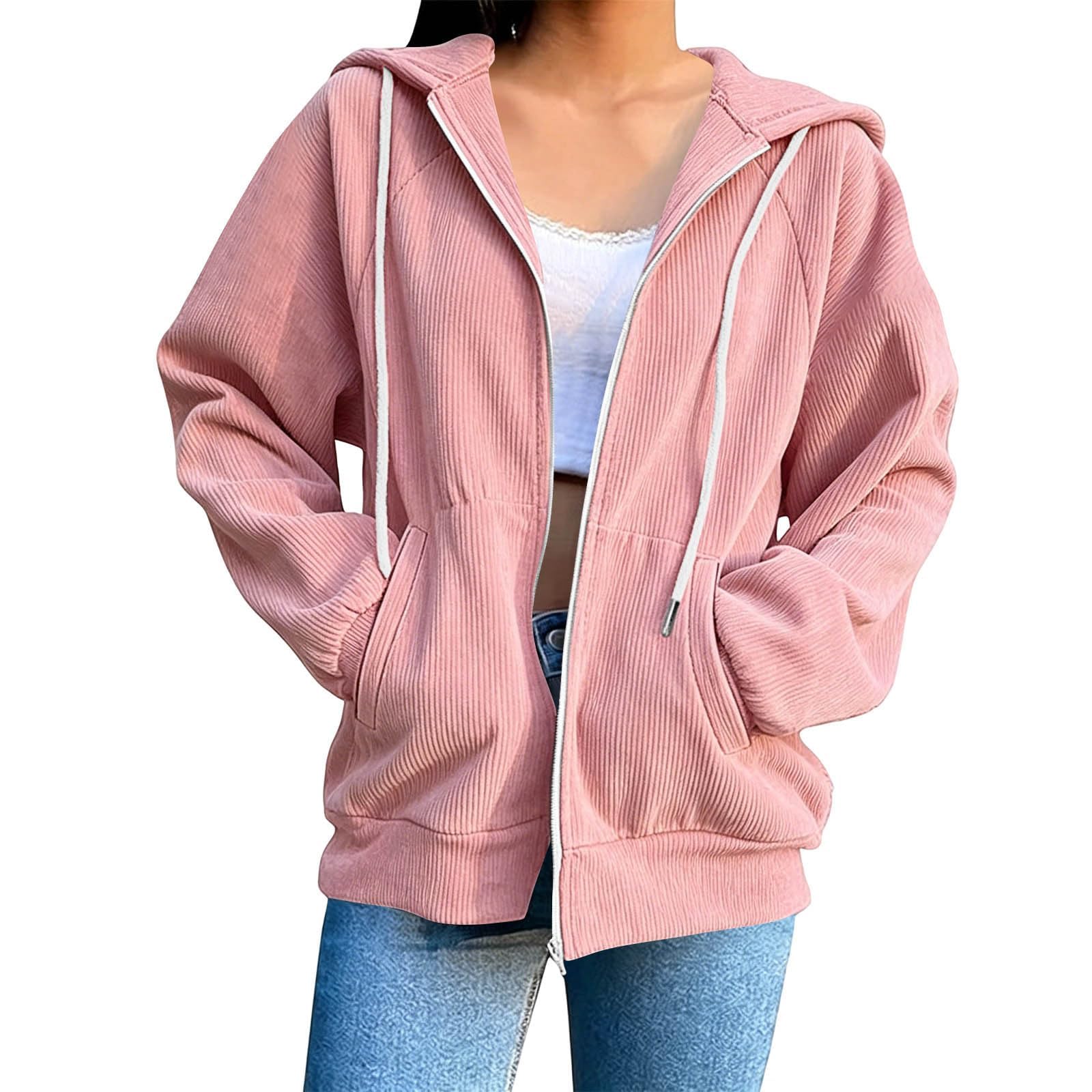 Felpa con Cappuccio da Donna con Cerniera, Maglione in Velluto a Coste, Giacca Invernale Cappuccio, Giacca di Transizione Cerniera e Felpa Tinta Unita per Esterni Tasche, Zip E Gatto