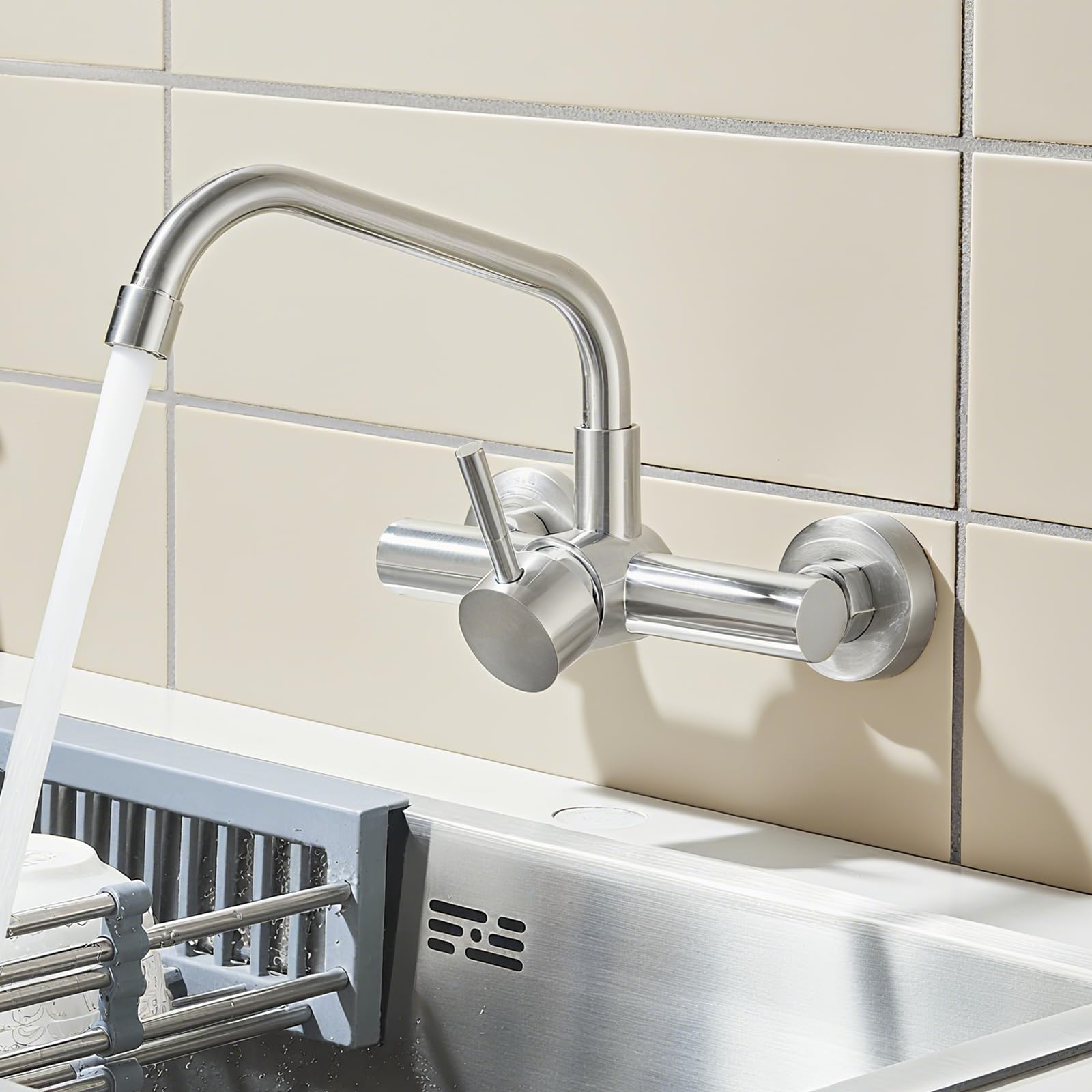 Grifo Cocina de Pared 15 cm Orificio de Montaje, Grifería de Mezclador Monomando de Acero Inoxidable 304, Grifería de Fregadero Rotación de 360​°, Agua Fría y Caliente, Plateado
