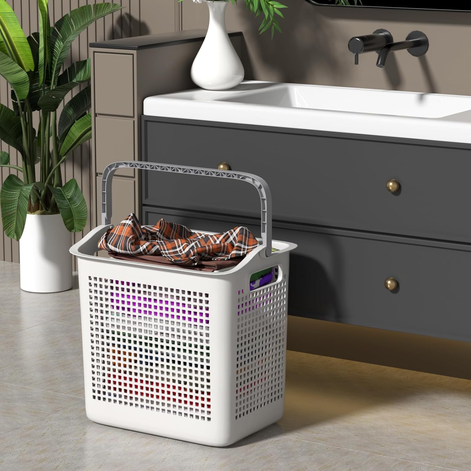 Rosebloom 35 L Plastic Portable Laundry Basket, Plastic Laundry Baskets with Handle, White, 4 Packs