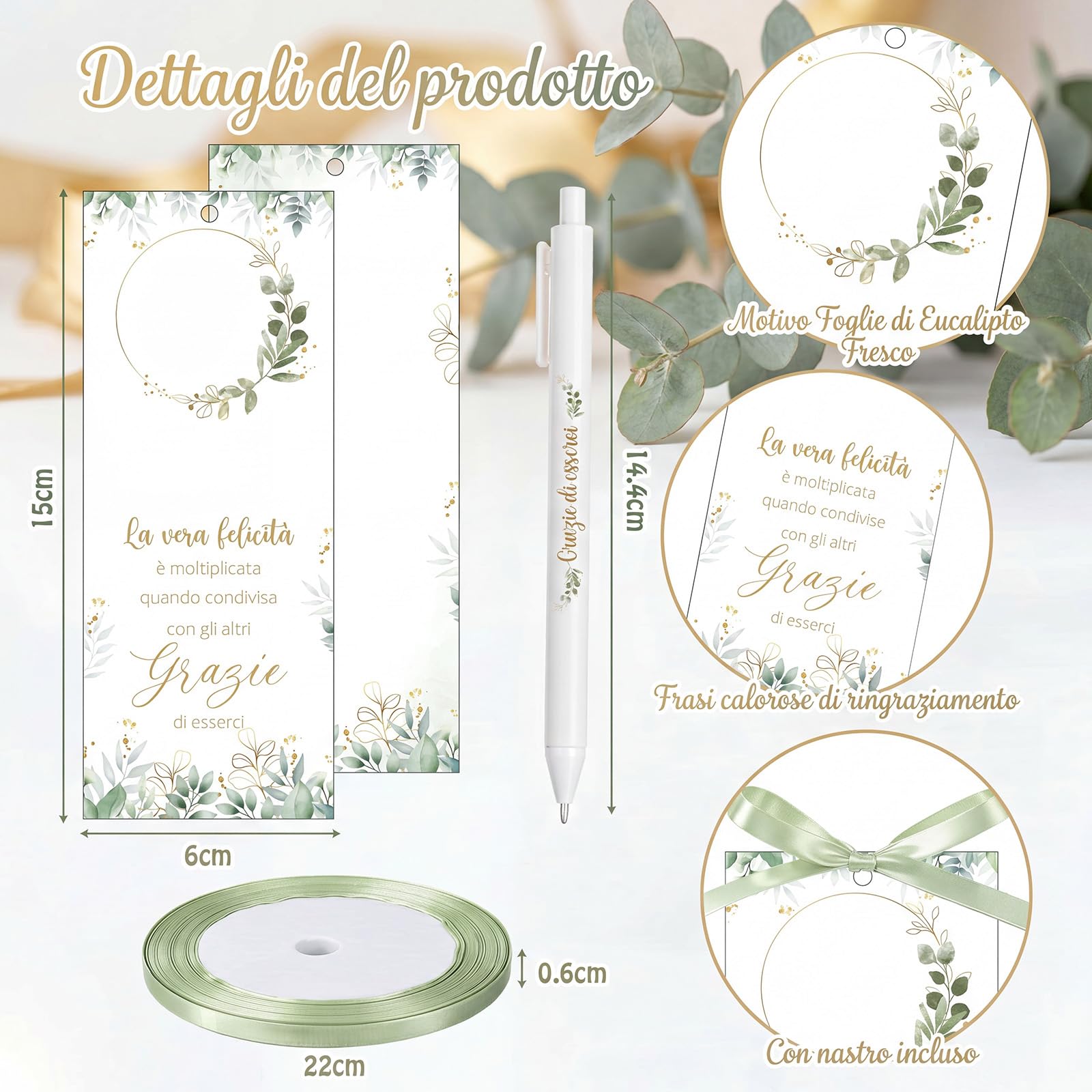 Nezyo 50 Pezzi Bomboniere Segnaposto con Penna e Nastro Segnaposto per Comunione Matrimonio Battesimo Cresima Compleanno Grazie Regalo per gli Ospiti Decoración da Tavola(Verde salvia)
