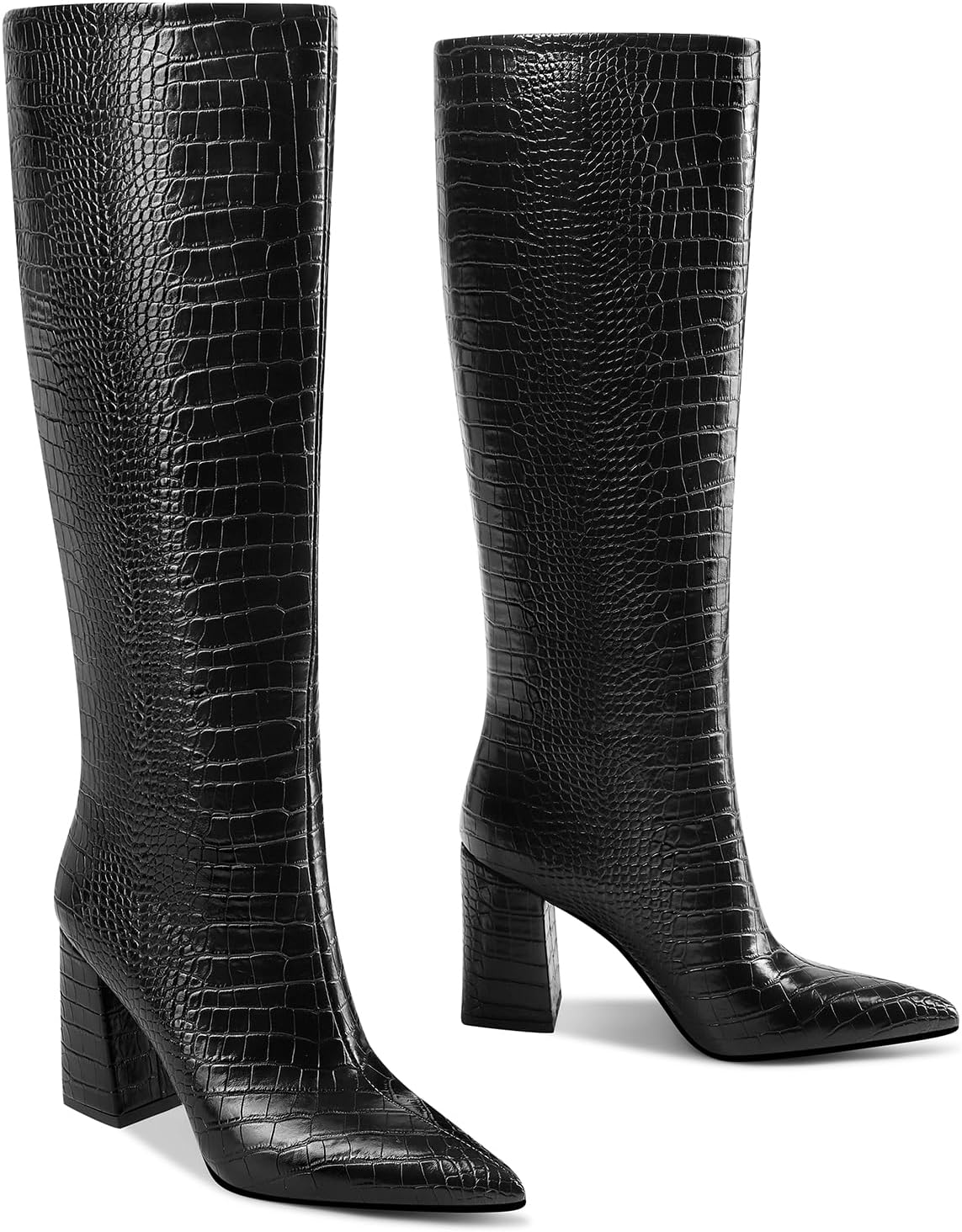 LOCERICH Knee High Boots Chunky Heel Wide Calf Boots for Women Pointed Toe Block Heel Fashion Dress Women Shoes