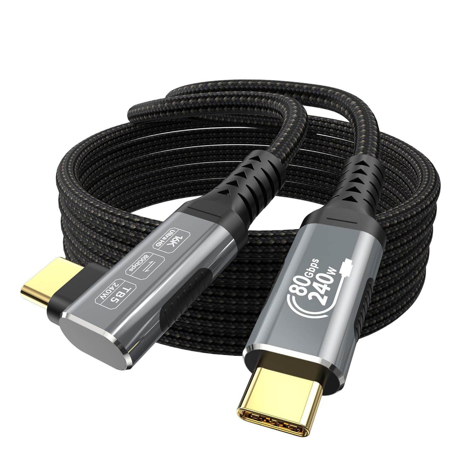80Gbps Right Angle USB 4 Cable for Thunderbolt 5 Cable 6.6FT, 240W Charging, Up to 120Gbps Bandwidth for 16K/Dual 8K, Braided USB C to USB C Cable for Thunderbolt 4, Macbook Pro, iPhone 17, SSD