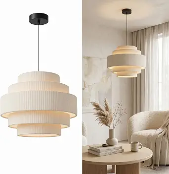 AUQUEE 5-Tier Corduroy Pendant Light for Kitchen Island, 13” Anti-Glare Boho Hanging Light Fixture, Beige