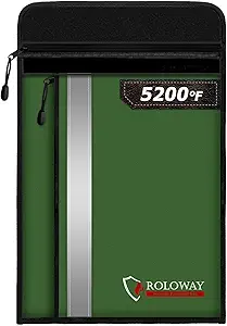 ROLOWAY Fireproof Document Bag (15.5 x 11.5 inch) with 2 Pockets and 5200℉ Aluminum Foil Layer, Fireproof Bag for Document Safe (Green)