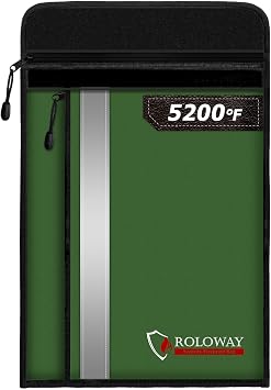 ROLOWAY Fireproof Document Bag 15.5 x 11.5 inch with 2 Pockets and 5200F Aluminum Foil Layer, Fireproof Bag for Document Safe Green