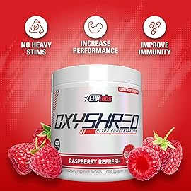EHP Labs OxyShred Pre Workout Powder - Preworkout Powder with L Glutamine & Acetyl L Carnitine, Energy Boost Drink - Raspberry Refresh, 60 Servings