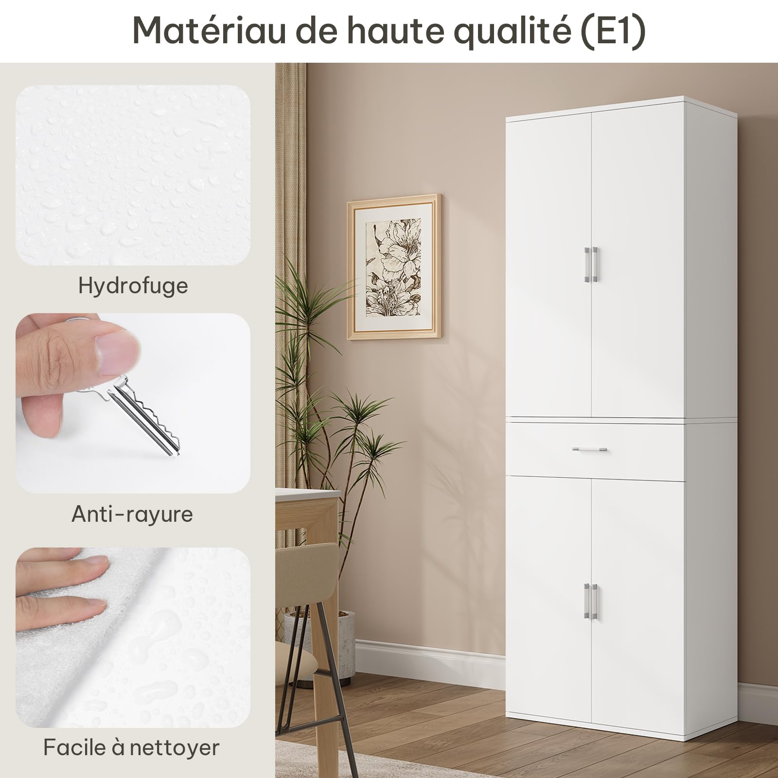 eSituro Meuble Rangement Bureau, Armoire de Rangement, Placard Rangement, 3 Étagères Réglables, 1 Tiroir, en Bois d'Ingénierie, 60x34x180cm, Blanc