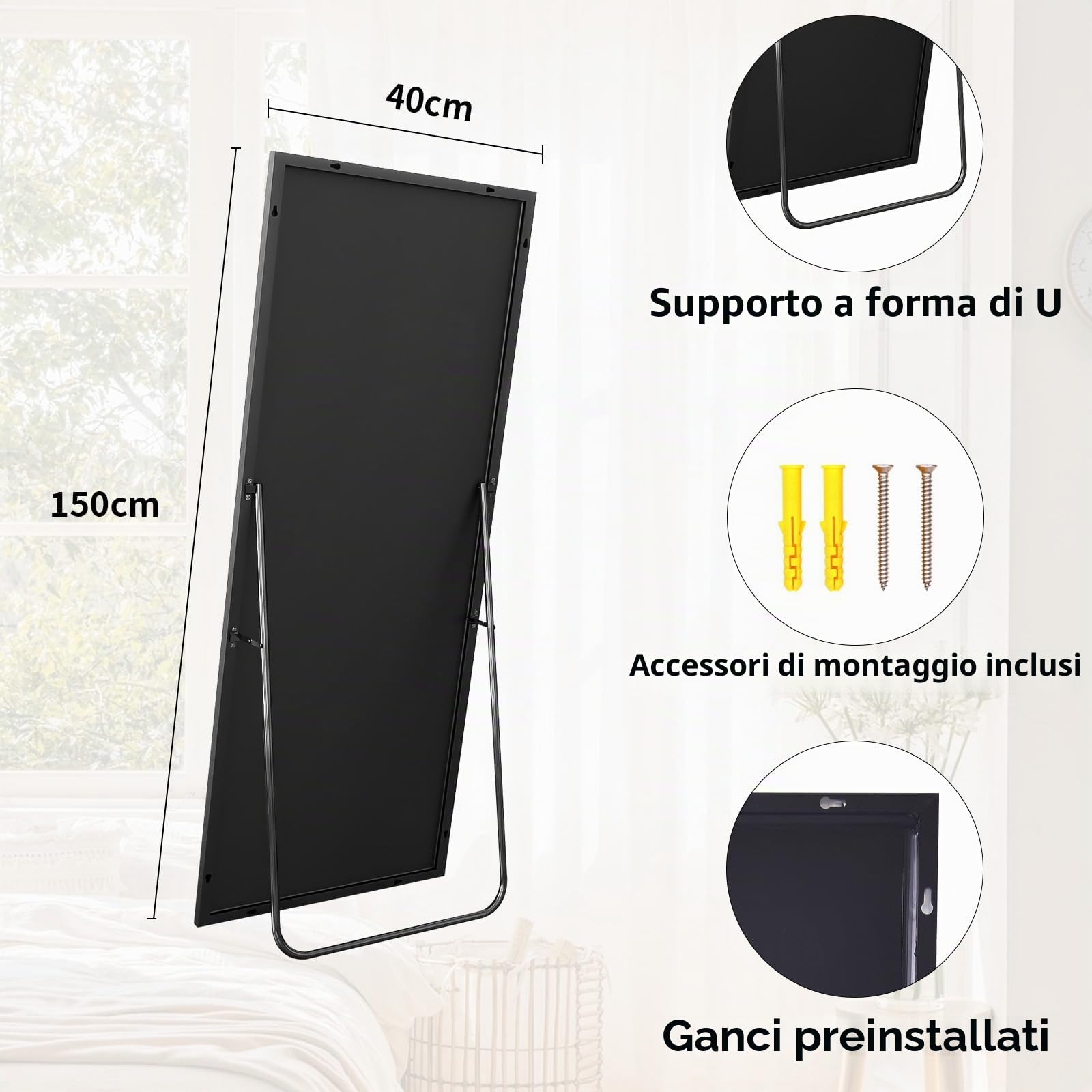 BEAUTYPEAK Specchio intero 150 x 40 cm, specchio da pavimento e specchio da parete con telaio in alluminio, vetro Shatterproof per riflessi senza distorsioni, bianco