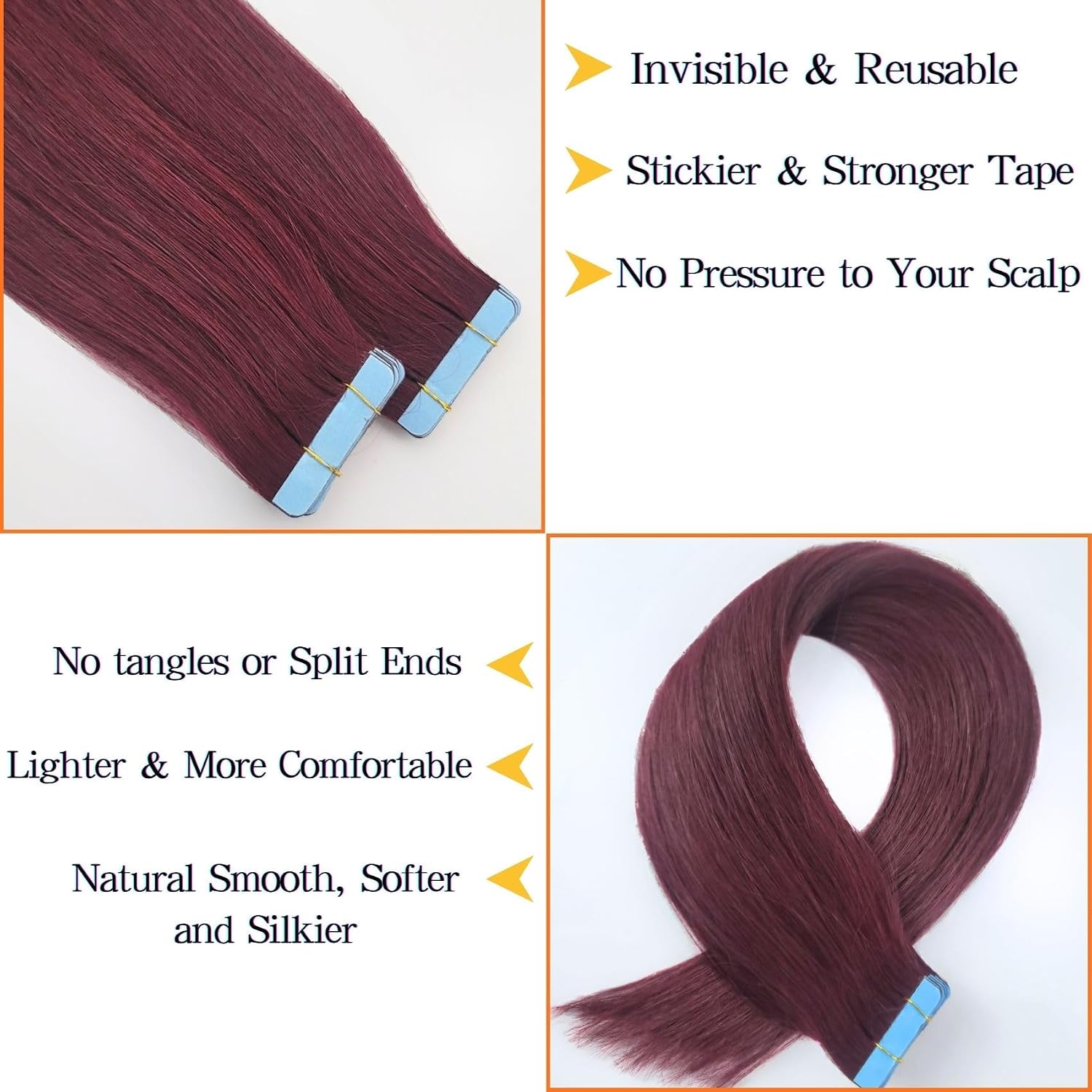 Burgundy Tape in Hair Extensions Human Hair Invisible Burgundy Hair Extensions 14 Inch Tape in Real Human Hair 20Pcs 50G for Girls