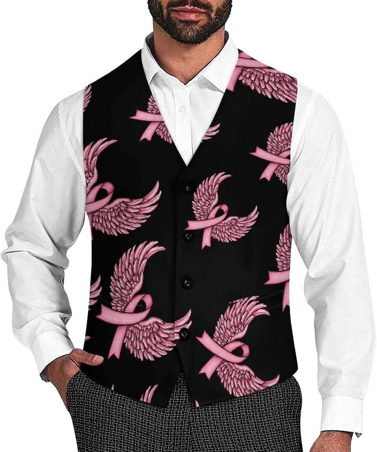 Angelwings Breast Cancer Awareness Men's Suit Vest Formal Vests Casual Dress Fit Waistcoat Casual Tuxedo for Business