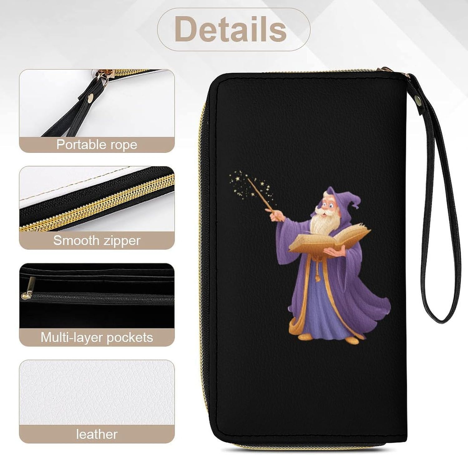 Cartoon Wizard1 Long Zippered Pouch Large Clutch Cash Wallet with Rope Handle for Men Women