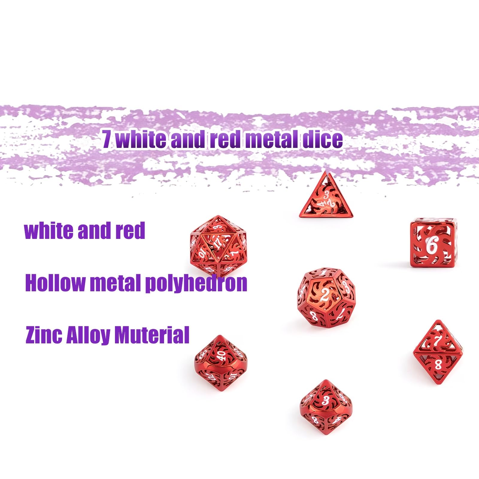 7 Dés en Métal Blanc et Rouge, Polyèdres Creux, Compatibles avec Les Jeux de Rôle, de Plateau et de Cartes