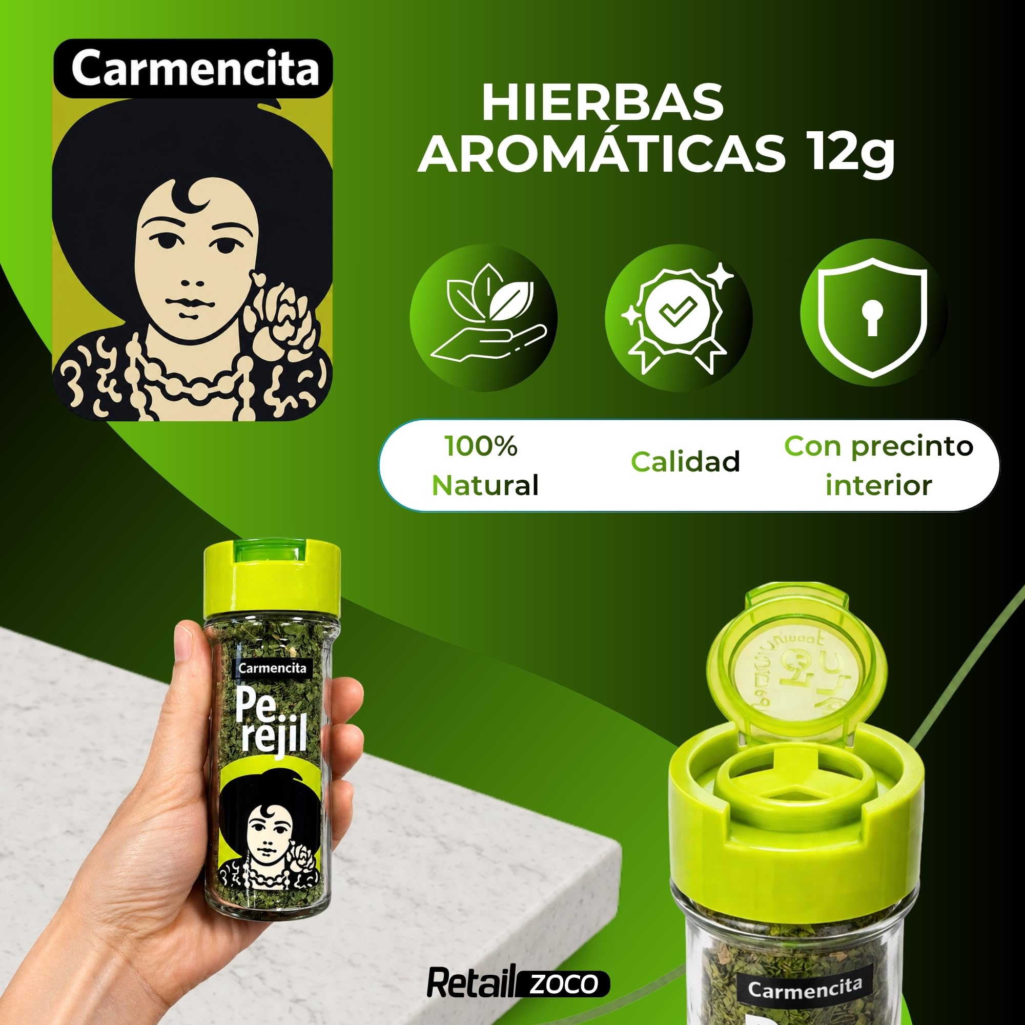 Sazonador Perejil Carmencita, Ideal para pescados, salsa, huevos y verduras, sabor fresco en una ensalada de cuscús, tomate, pepino y hierbabuena, Sin Gluten, Contiene 4 unidades de 12 g