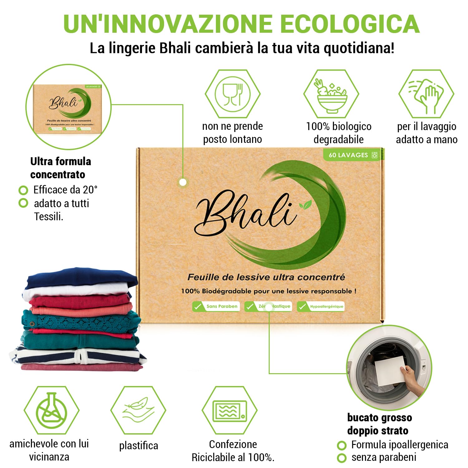 Detersivo ecologico biologico Offerta Bhali 3+1 Gratis | Detersivo in Fogli Lavatrice 240 Lavaggi | Compatto, Senza Plastica, Monodose | Profumo Fresco & Pratico per Tutti i Bucati