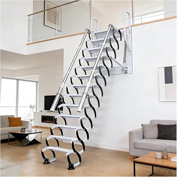 9 Steps Wall Mounted Attic Ladder, 660lb Folding Stairs Pull Down System | 11.3-11.6ft ceiling height, Extension Steps Ladder with Armrests, Extra wide 4in step for Home Indoor/Storehouse/Basement