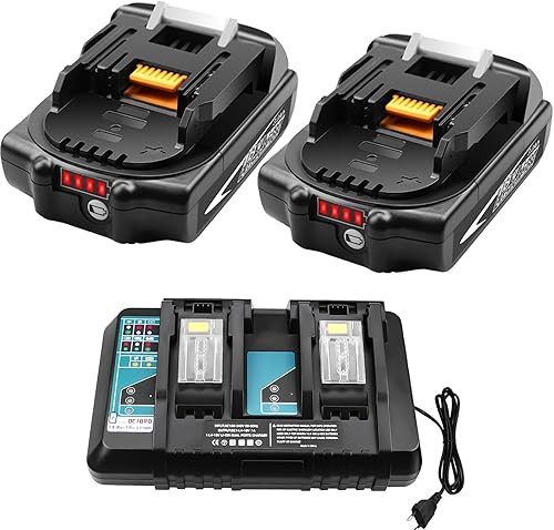 Paquete de 2 baterías y cargador de repuesto BL1860B de 3000 mAh para Makita 18 V batería de iones de litio compatible con Makita batería de 18